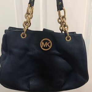 Michael Kors Navy Pebbled Leather Shoulder Tote with Gold Chain Straps